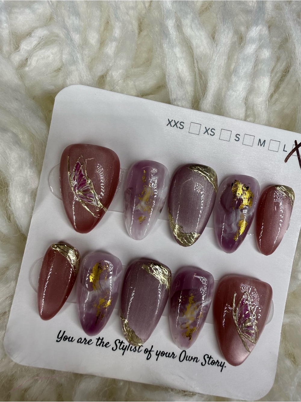 Butterfly Mauve Rose Almond Press-On Nails with Gold Foil Accent Large Short